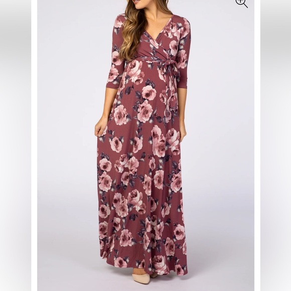 PinkBlush Mauve Abstract Floral Sash Tie Maternity/Nursing Maxi Dress - Picture 3 of 4